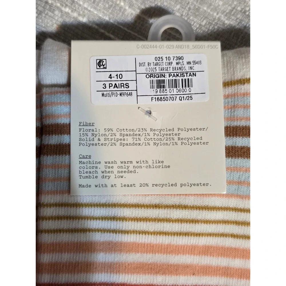 A New Day Womens Crew Socks 3 Pairs Seashell Stripes Blue Cream Size 4-10